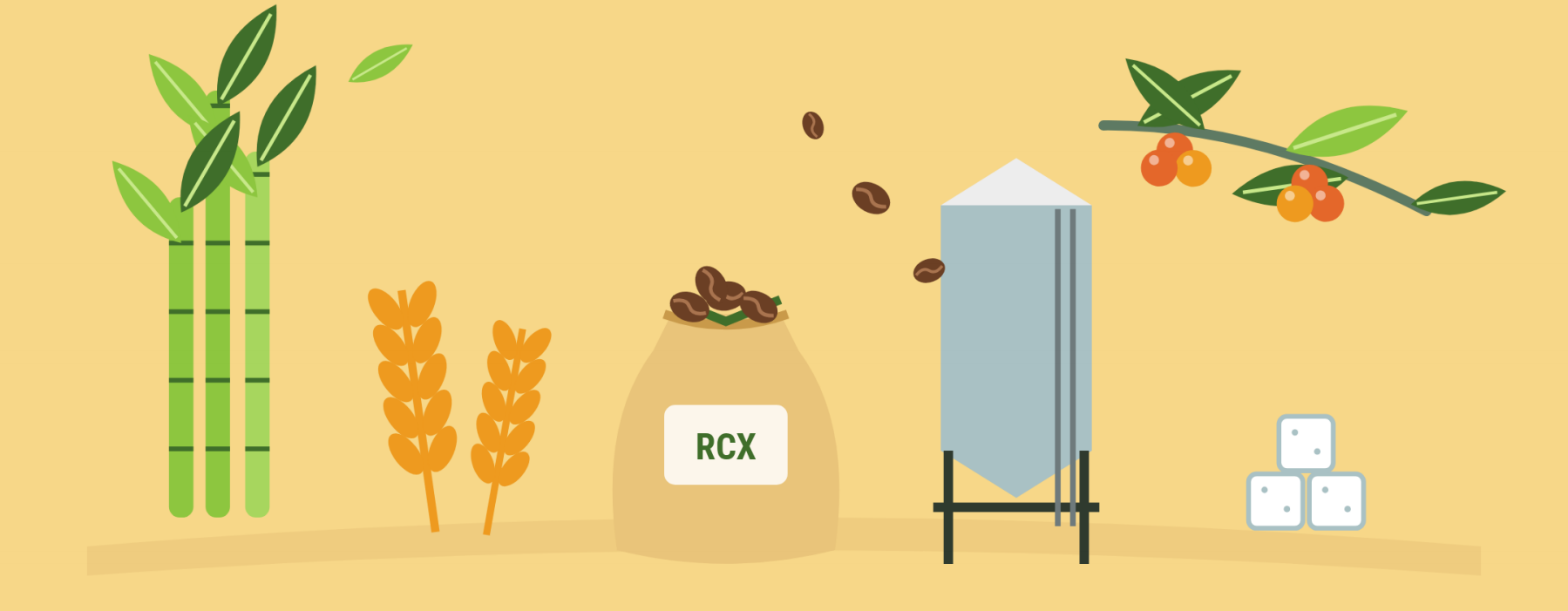 Minh họa hàng hóa: mía, lúa mì, bao cà phê Robusta, silo, cành cà phê và đường
